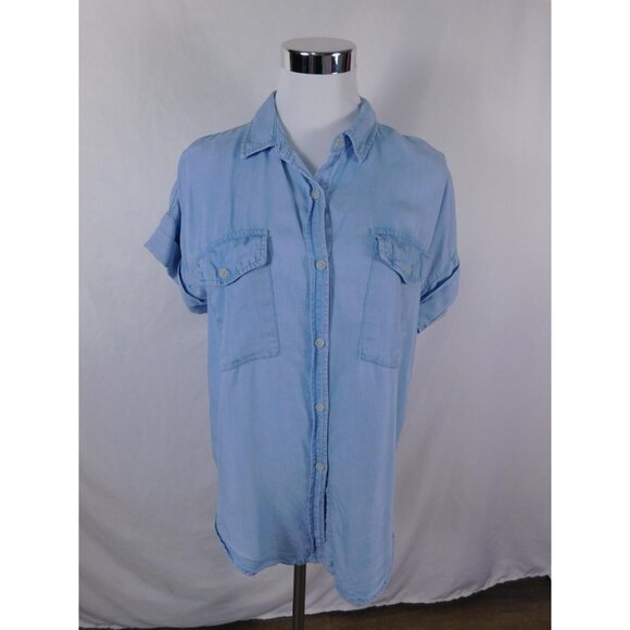 Thread Supply Shirt Womens Small Light Blue Tencel Button Front Short Sleeve - Picture 1 of 12